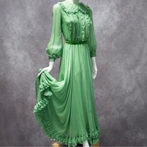 Vintage 1970s Donald Brooks Green Ruffled Chiffon Maxi Dress, ~25” Waist